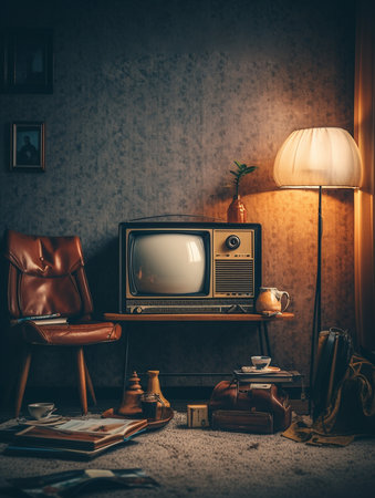 Retro style interior with an old television, books and a chair. AI generatedの素材