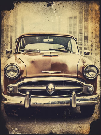 Vintage car on the street. Retro style toned picture. AI generatedの素材