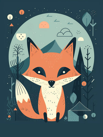Cute fox in the forest. Vector illustration. Flat style. AI generatedの素材