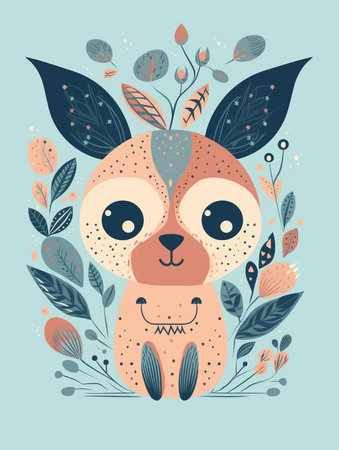 Cute cartoon deer with floral elements. Vector illustration in flat style. AI generatedの素材
