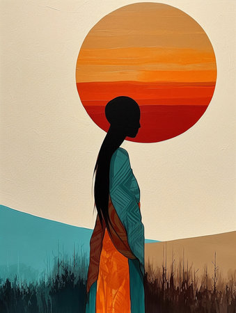 Mystical illustration of a girl with long hair in the desert. AI generatedの素材