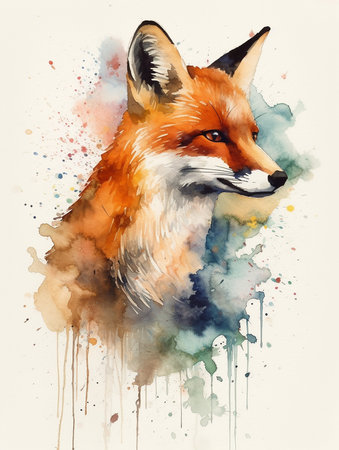Watercolor illustration of a red fox with watercolor splashes. AI generatedの素材