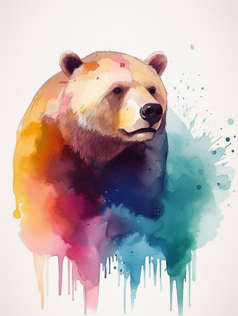 Watercolor illustration of a brown bear in a colorful watercolor background. AI generatedの素材