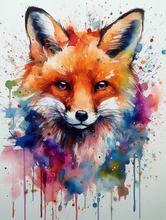 Watercolor portrait of a red fox with multicolored splashes. AI generatedの素材