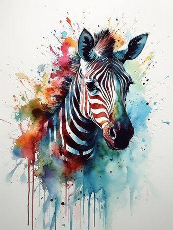 Watercolor painting of zebra on white background. Hand drawn illustration. AI generatedの素材