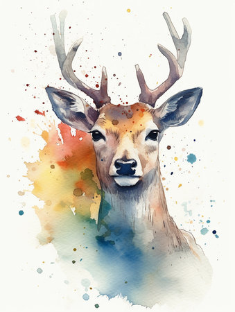 Watercolor portrait of a deer. Hand drawn watercolor illustration. AI generatedの素材