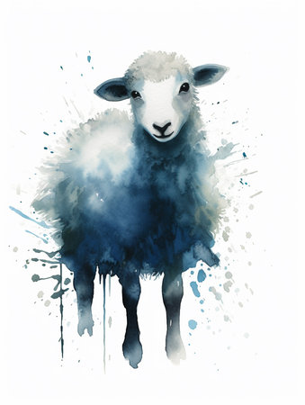 Watercolor illustration of a blue sheep on a white background. Digital painting. AI generatedの素材
