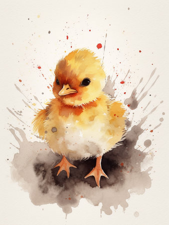 Chick on watercolor background. Watercolor hand drawn illustration. AI generatedの素材