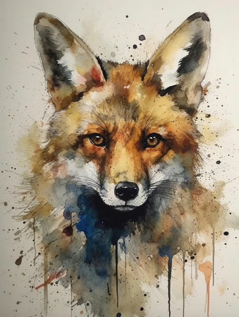 Watercolor portrait of a fox with splashes of watercolors. AI generatedの素材