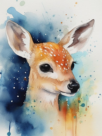 Watercolor illustration of a young deer. Cute animal portrait. AI generatedの素材