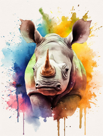Watercolor illustration of a rhinoceros on a colorful background. AI generatedの素材