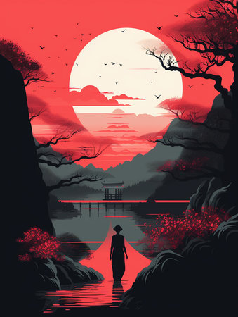 Beautiful japanese landscape in the morning, vector illustration. AI generatedの素材