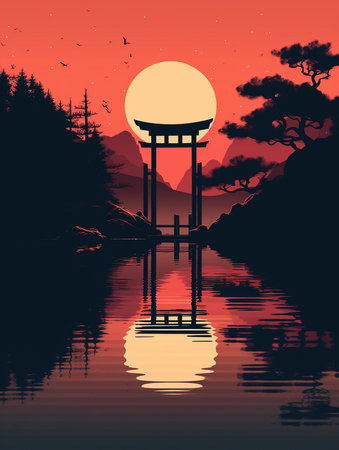 Japanese temple at sunset with reflection in the water, vector illustration. AI generatedの素材