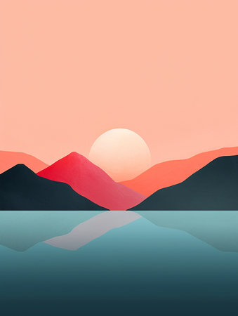 Sunset on the lake with mountains in the background. Vector illustration. AI generatedの素材