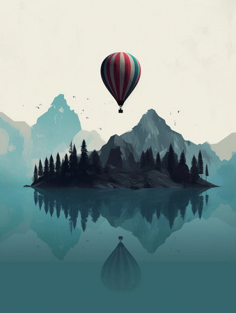 Illustration of a hot air balloon flying over a mountain lake. AI generatedの素材
