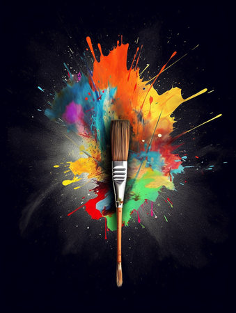 Paintbrush with colorful paint splashes isolated on black background. AI generatedの素材