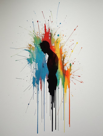 Silhouette of a man with colorful splashes on white background. AI generatedの素材