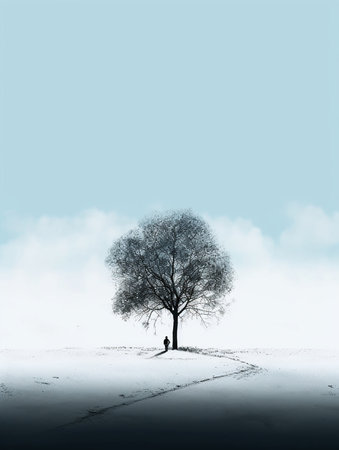 Winter landscape with a lonely tree on a snow-covered meadow. AI generatedの素材