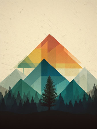 Mountain landscape with coniferous forest and pine trees. Vintage style. AI generatedの素材