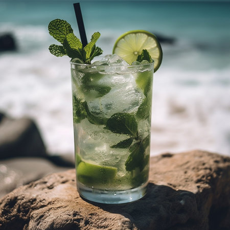 Mojito cocktail with lime and mint on the rocks by the seaの素材