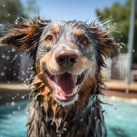 Portrait of a beautiful dog taking a shower in a swimming pool.の素材