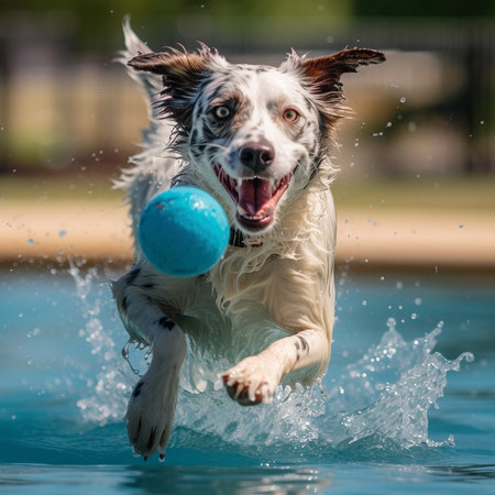Portrait of happy smiling dog border collie jumping in swimming poolの素材