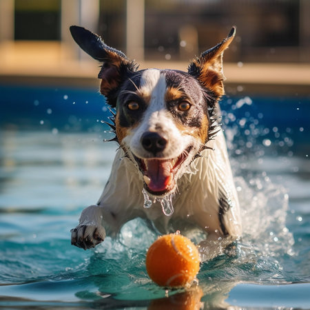 Jack russell terrier swims in the pool with an orange ball.の素材