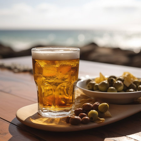 Glass of beer and olives on wooden table with sea view background.の素材