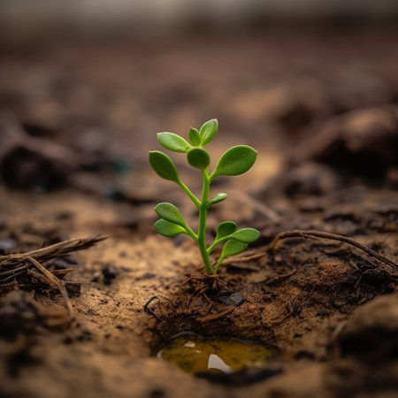 Young plant growing in the soil. Concept of new life and new beginning.の素材
