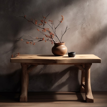 Still life with a vase and a cup of coffee on a wooden tableの素材