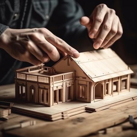 Close-up of carpenter's hands working on wooden house modelの素材
