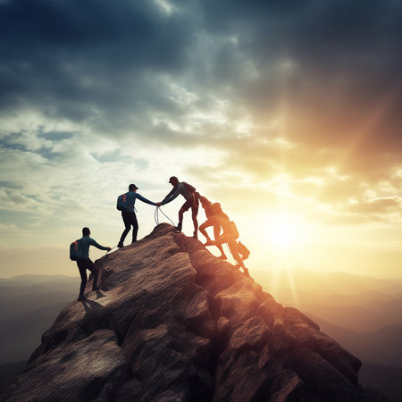 Teamwork and success concept as a group of business people climbing up a mountain to reach the top of a cliff as a metaphor for teamwork and achievement.の素材