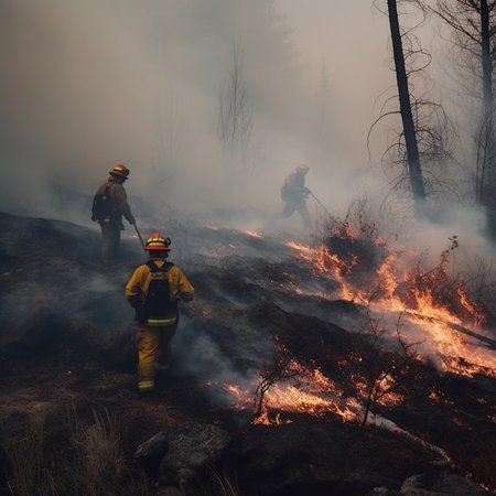 Firefighters extinguish a fire in the forest at the beginning of the day.の素材