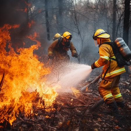 Firefighters extinguish a fire in the forest. Firefighters fighting a fire.の素材