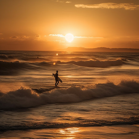Silhouette of a surfer on the beach at sunset.の素材