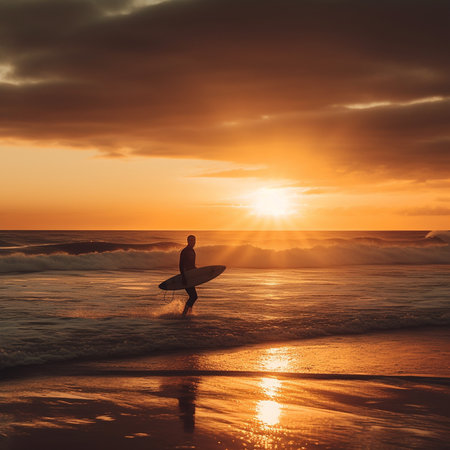 Surfer with surfboard on the beach in the evening at sunsetの素材