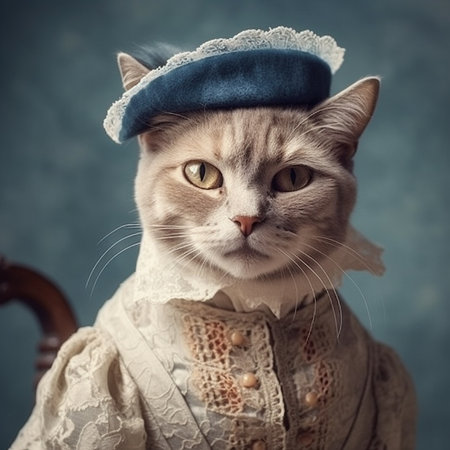 Portrait of a beautiful cat in a beret and scarf.の素材