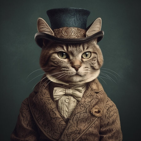 Cute cat in top hat and bow tie on dark background.の素材