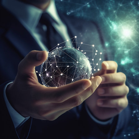 Businessman holding a global network in his hands.の素材