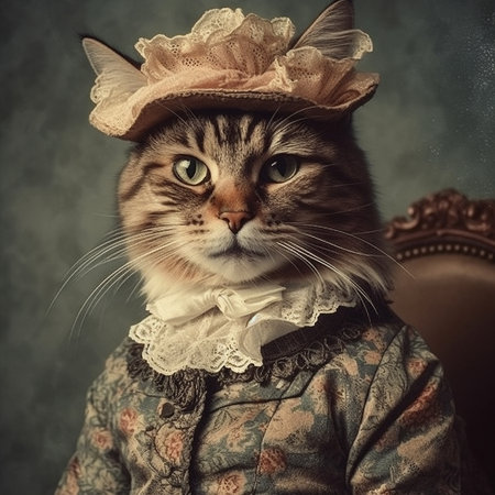 Portrait of a beautiful tabby cat wearing a hat. Vintage style.の素材