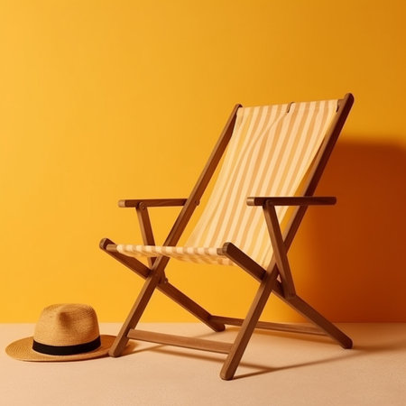 Beach chair and hat on yellow background. Vacation concept.の素材