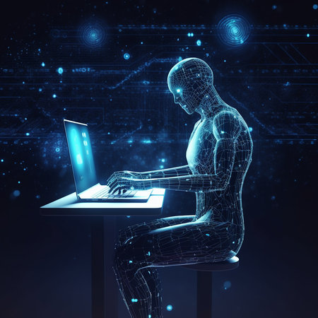 3d rendering of man with laptop on dark background with binary codeの素材
