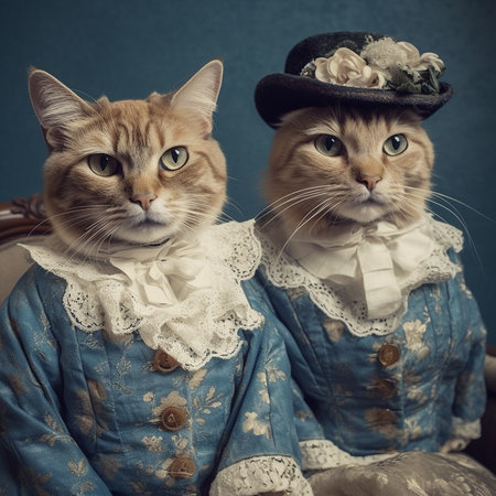 Two cats in vintage clothes on a blue background. Toned.の素材