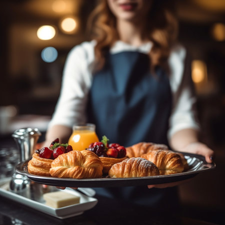 cropped image of waitress holding tray with croissants and berriesの素材