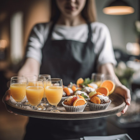 Close up of female barista holding tray with fresh fruit and orange juice.の素材