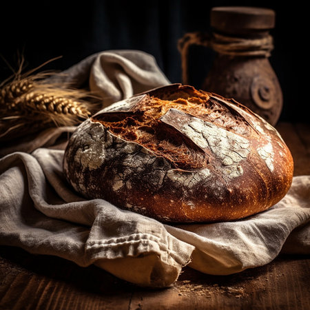 Freshly baked bread on a wooden table. Select focus.の素材