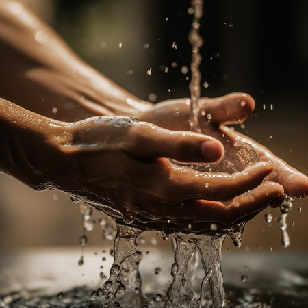 Woman washing her hands under running water, closeup of hands.の素材