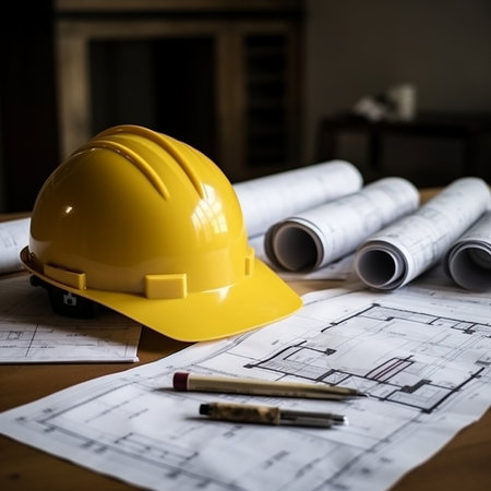 Yellow hard hat and blueprints on a desk in a dark roomの素材