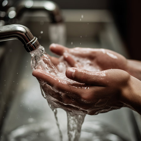 Hands of a young woman washing her hands under running water.の素材