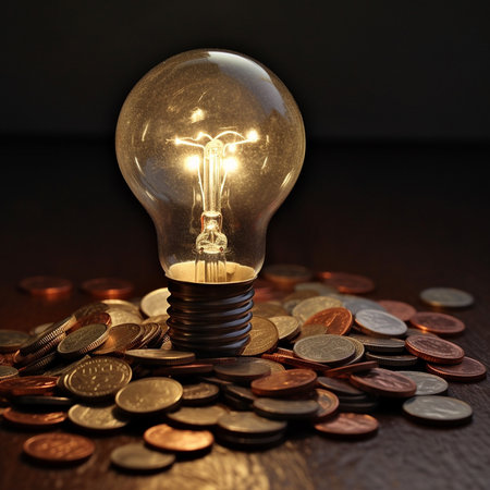 Light bulb and coins on a dark background. Business and finance concept.の素材